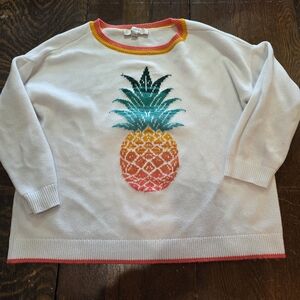 Loft White Knit Sweater 3/4 Sleeves Cotton Pineapple Motif M